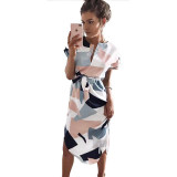 ElSVIOS 2017 New Summer Beach Casual Dress Women Sexy V-Neck Printing Long Section Dress short sleeve Dress with belt Vestidos