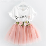 Girls Dress 2018 Brand Kids Clothes Butterfly Sleeve Letter T-shirt+Floral Voile Dress 2Pcs for Clothing Sets Children Dress