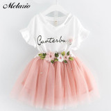 Girls Dress 2018 Brand Kids Clothes Butterfly Sleeve Letter T-shirt+Floral Voile Dress 2Pcs for Clothing Sets Children Dress
