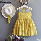 Girls dress + HAT 2 pcs Baby Girl Summer Dress For Kids Girl Outfits Yellow Floral Dress Fashion Sweet Princess kids clothes