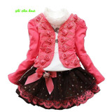 Girls clothing set Kids fashion rose t-shirt + Coat + skirt 3 pcs children birthday party dress high quality cotton Clothes Suit