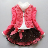 Girls clothing set Kids fashion rose t-shirt + Coat + skirt 3 pcs children birthday party dress high quality cotton Clothes Suit