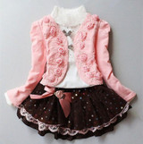 Girls clothing set Kids fashion rose t-shirt + Coat + skirt 3 pcs children birthday party dress high quality cotton Clothes Suit