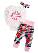 Newborn Baby Girl Clothes Costume Bodysuit Tops Cotton Hello World Flower Leggings Pants Headband 3pcs Baby Girls Outfits Set