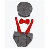 Newborn Baby Girl Boy Lovely Knit Hat + Bow Tie + Overall Photography Prop Suit