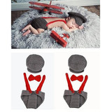 Newborn Baby Girl Boy Lovely Knit Hat + Bow Tie + Overall Photography Prop Suit