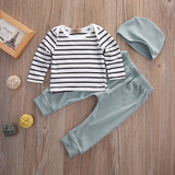Newborn Baby Boy Girl Long Sleeve T-shirt Striped Tops Long Pants Hat 3PCS Outfits Set Cute Baby Cotton Clothes XMAS GIFT