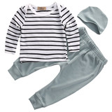 Newborn Baby Boy Girl Long Sleeve T-shirt Striped Tops Long Pants Hat 3PCS Outfits Set Cute Baby Cotton Clothes XMAS GIFT