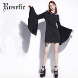 Rosetic Gothic Mini Dress Halloween Black Women Flare Sleeve Autumn Casual Dress Goth Fashion Witch Vampire Gothics Mini Dress