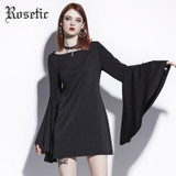 Rosetic Gothic Mini Dress Halloween Black Women Flare Sleeve Autumn Casual Dress Goth Fashion Witch Vampire Gothics Mini Dress