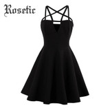 Rosetic Gothic Sexy Bandage Dress Black A-Line Pentagram Straps Hollow Fashion Waist Slim Sleeveless Gothic Party Summer Dresses