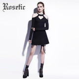 Rosetic Gothic Mini Dress Black Hollow Heart-shaped Women Autumn Casual Dress O-Neck A-Line High Street Fashion Sexy Goth Dress