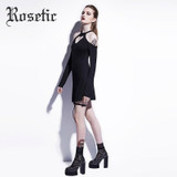 Rosetic Gothic Mini Dress Black Hollow Heart-shaped Women Autumn Casual Dress O-Neck A-Line High Street Fashion Sexy Goth Dress