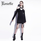 Rosetic Gothic Mini Dress Black Hollow Heart-shaped Women Autumn Casual Dress O-Neck A-Line High Street Fashion Sexy Goth Dress