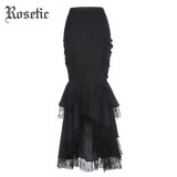 Rosetic Gothic Mermaid Skirt Women Autumn Black Lace Goth Trumpet Bottoms Fishtail Fashion Bodycon Vintage Gothic Mermaid Skirts