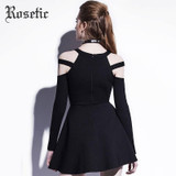 Rosetic Gothic Mini Dress Black Fashion Hollow Autumn Women Casual Dress Dark Street Wild Sexy Preppy A-Line Goth Mini Dresses