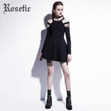 Rosetic Gothic Mini Dress Black Fashion Hollow Autumn Women Casual Dress Dark Street Wild Sexy Preppy A-Line Goth Mini Dresses
