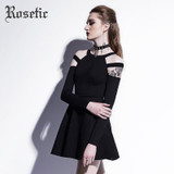 Rosetic Gothic Mini Dress Black Fashion Hollow Autumn Women Casual Dress Dark Street Wild Sexy Preppy A-Line Goth Mini Dresses