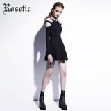 Rosetic Gothic Mini Dress Black Fashion Hollow Autumn Women Casual Dress Dark Street Wild Sexy Preppy A-Line Goth Mini Dresses