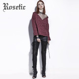 Rosetic Gothic Blouse Red Plaid Mesh Patchwork Women Casual Loose Goth Shirts Fashion V-Neck Young Tops School Gothics Blouses