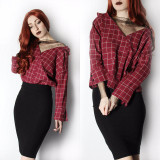 Rosetic Gothic Blouse Red Plaid Mesh Patchwork Women Casual Loose Goth Shirts Fashion V-Neck Young Tops School Gothics Blouses