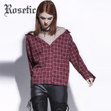 Rosetic Gothic Blouse Red Plaid Mesh Patchwork Women Casual Loose Goth Shirts Fashion V-Neck Young Tops School Gothics Blouses