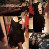 Rosetic Gothic Asymmetrical Dress Black Lace Hollow Fashion Casual Dress Women Witch Streetwear Preppy Dark Sexy Mod Goth Dress