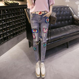 Roses Sequined Ripped Jeans for Women Autumn Winter New Arrivals High Waist Denim Pencil Pants Plus Size Strench Trousers 41026