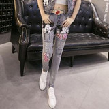 Roses Sequined Ripped Jeans for Women Autumn Winter New Arrivals High Waist Denim Pencil Pants Plus Size Strench Trousers 41026