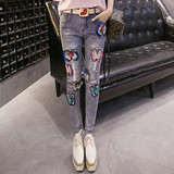 Roses Sequined Ripped Jeans for Women Autumn Winter New Arrivals High Waist Denim Pencil Pants Plus Size Strench Trousers 41026