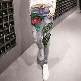 Roses Sequined Ripped Jeans for Women Autumn Winter New Arrivals High Waist Denim Pencil Pants Plus Size Strench Trousers 41026