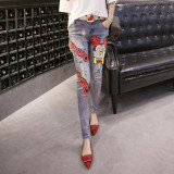 Roses Sequined Ripped Jeans for Women Autumn Winter New Arrivals High Waist Denim Pencil Pants Plus Size Strench Trousers 41026