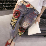 Roses Sequined Ripped Jeans for Women Autumn Winter New Arrivals High Waist Denim Pencil Pants Plus Size Strench Trousers 41026