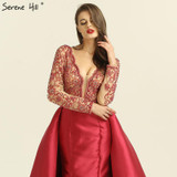 Rose Red Long Sleeves Mermaid Satin Evening Dresses Pearls Beading Deep-V Sexy Fashion Evening Gowns 2018 Serene Hill LA6312
