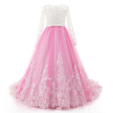 Rose Pink Lace Appliques Lovely Flower Girl Dresses Kids Evening Gowns Long Sleeve First Communion Dress With Small Train C