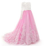Rose Pink Lace Appliques Lovely Flower Girl Dresses Kids Evening Gowns Long Sleeve First Communion Dress With Small Train C