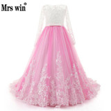 Rose Pink Lace Appliques Lovely Flower Girl Dresses Kids Evening Gowns Long Sleeve First Communion Dress With Small Train C