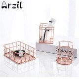 Rose Gold Wire Mesh Storage Basket Pastoral Style Kitchen Dry Food Fruits Display Office Supplies Organiser Household Decoration