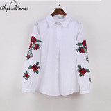 Rose Floral Embroidery Striped Blouse Women Long Sleeve Shirt Casual Cotton Blusa Plus Size kimono Tops Office Lady Blusas 2017