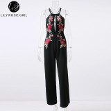 Rose Floral Embroidery Hollow Out Long Jumpsuits Women Black Off Shoulder Strap Sexy Party Rompers Playsuits Ladies Overalls