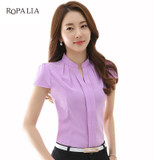 ROPALIA Summer Women Tops Short Sleeve Casual Chiffon Blouse Female V-Neck Work Wear Solid Office Shirts For Women ROPALIA Summer Women Tops Short Sleeve Casual Chiffon Blouse Female V-Neck Work Wear Solid Office Shirts For Women