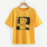 ROMWE Yellow Girl Print Front Tee Shirt Women Pattern Casual Summer Top 2018 New Round Neck Short Sleeve Graphic T-Shirt