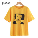 ROMWE Yellow Girl Print Front Tee Shirt Women Pattern Casual Summer Top 2018 New Round Neck Short Sleeve Graphic T-Shirt