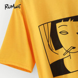 ROMWE Yellow Girl Print Front Tee Shirt Women Pattern Casual Summer Top 2018 New Round Neck Short Sleeve Graphic T-Shirt
