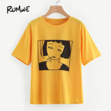 ROMWE Yellow Girl Print Front Tee Shirt Women Pattern Casual Summer Top 2018 New Round Neck Short Sleeve Graphic T-Shirt