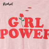 ROMWE Womens Tee Shirts Top Women Fashion Summer Ladies Pink Letter And Rose Print Short Sleeve Ripped T-shirt