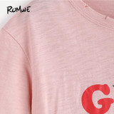 ROMWE Womens Tee Shirts Top Women Fashion Summer Ladies Pink Letter And Rose Print Short Sleeve Ripped T-shirt