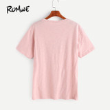 ROMWE Womens Tee Shirts Top Women Fashion Summer Ladies Pink Letter And Rose Print Short Sleeve Ripped T-shirt