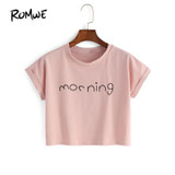 ROMWE Womens Crop Tops Letter Print T-Shirts Summer Cute Fashion Pink Round Neck Short Sleeve Letter Print Crop T-shirt