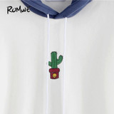 ROMWE Womens Clothing Hoodies for Women Casual Loose Cotton Hoodie White Contrast Cactus Embroidery Drawstring Hooded Sweatshirt